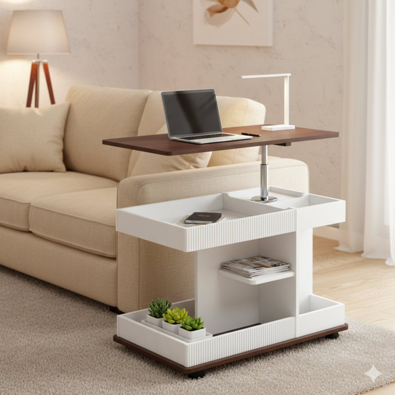Adjustable End Table On Wheels, A Modern Multifunctional Sofa Side Table With A Lift-Top, A 360° Rotating Top, And Storage Space. Designed For Living Rooms And Small Spaces.