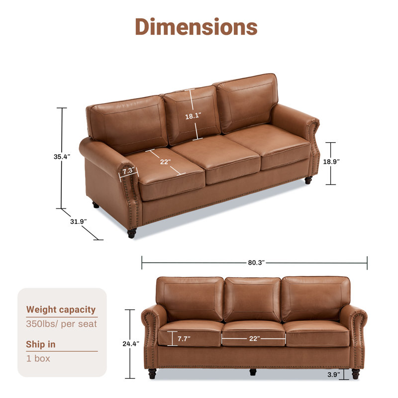 Amarius 80" Wide Rolled Arm Sofa, Chestnut Performance Faux Leather