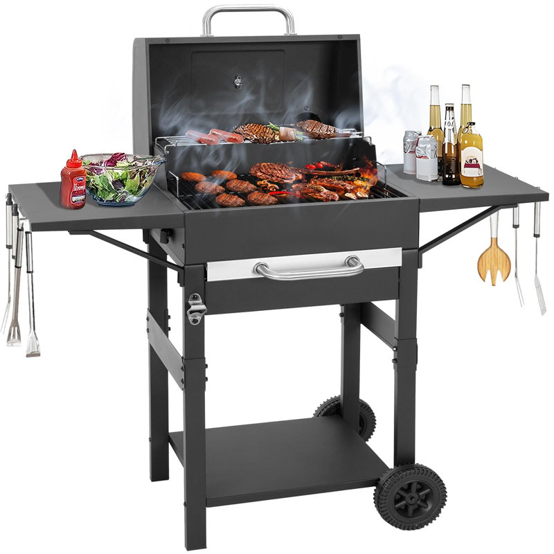 Barbecue au charbon avec tablette latérale, grand barbecue au fumoir avec support chauffant, barbecue extérieur avec plateau au charbon (noir)