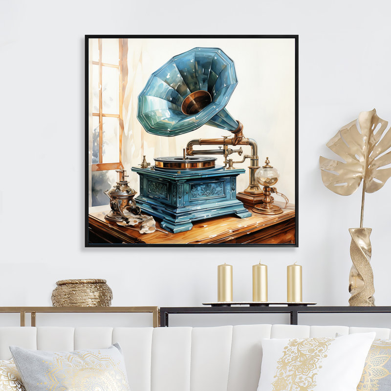 «Beyerville Blue Phonographs Nostalgic Tunes», reproduction, Cadre flottant noir, H 16 po x l 16 po