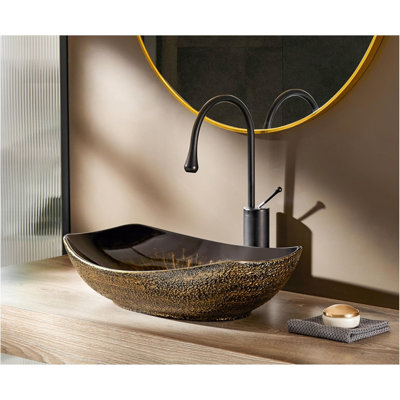 22X16-Inch Oval Bathroom Vessel Sink, Antique Pattern Design, Above Counter Porcelain Ceramic Vessel Vanity Sink, Art Basin,Vintage Gold