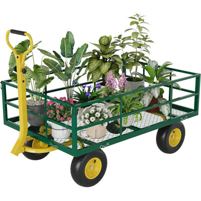 Chariot de jardin robuste, chariot en acier d'une capacité de 1200 lb, roues tout-terrain de 13 po, poignée rotative, vert et jaune