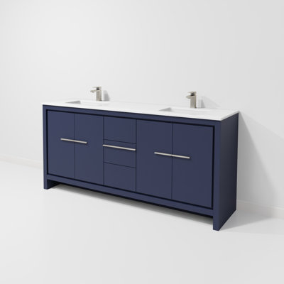 Ensemble de meuble-lavabo double bleu marine l 72 po x P 20 po, comptoir en quartz blanc et robinet en métal