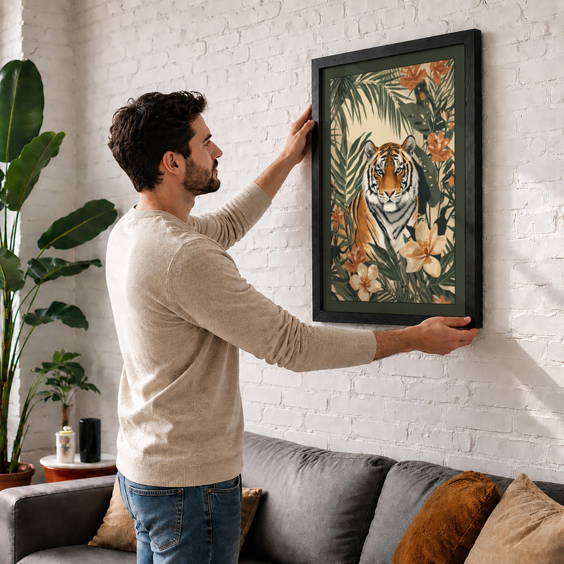 Tiger in Bloom Tropical - Framed Print, Oak, A3 - 42.0 x 29.7 cm