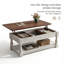 Table basse à plateau relevable Farmhouse avec tablette fixe et compartiments de rangement cachés, plateau de table en bois massif fabriqué à la main, centre de table de salon à deux niveaux avec finition rustique-372536150-372536151