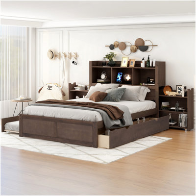 Lit plateforme pleine grandeur avec tablettes coulissantes, lit gigogne simple et 2 tiroirs, espresso