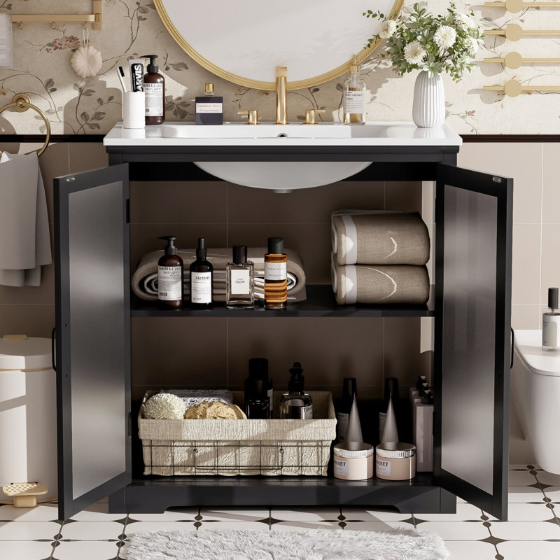Meuble-lavabo de salle de bain avec lavabo, armoire de meuble-lavabo avec portes en verre trempé trempé, Noir mat