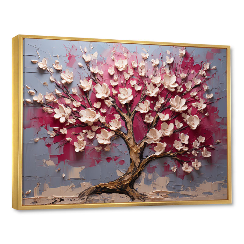 Orchidée rose et or jardin de branches V - art mural arbre, Cadre flottant doré, H 30 po x l 40 po x P 1,5 po