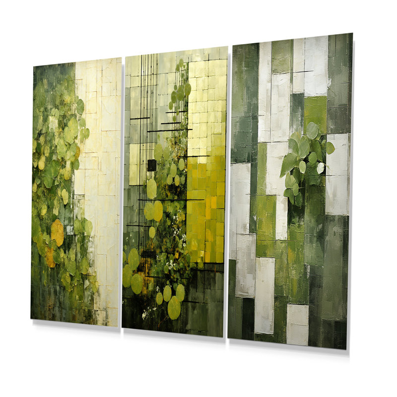 Green Eco Friendly Plants Symphony I - Abstract Botanicals Metal Wall Art Prints Set Of 3, 32" H x 48" W