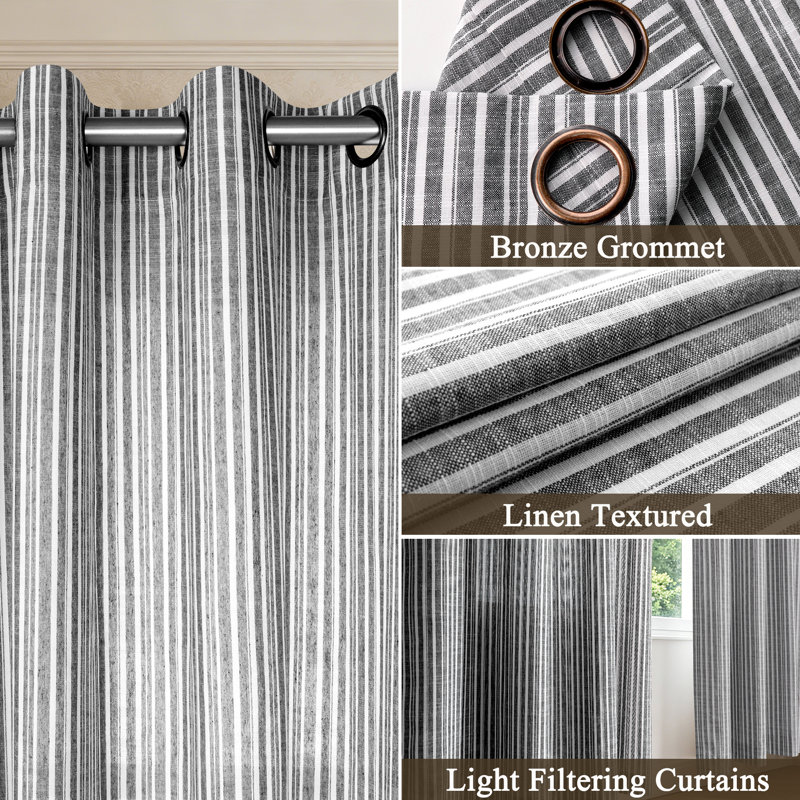 Paire de rideaux transparents avec œillets Slub, Noir, 50" W x 96" L