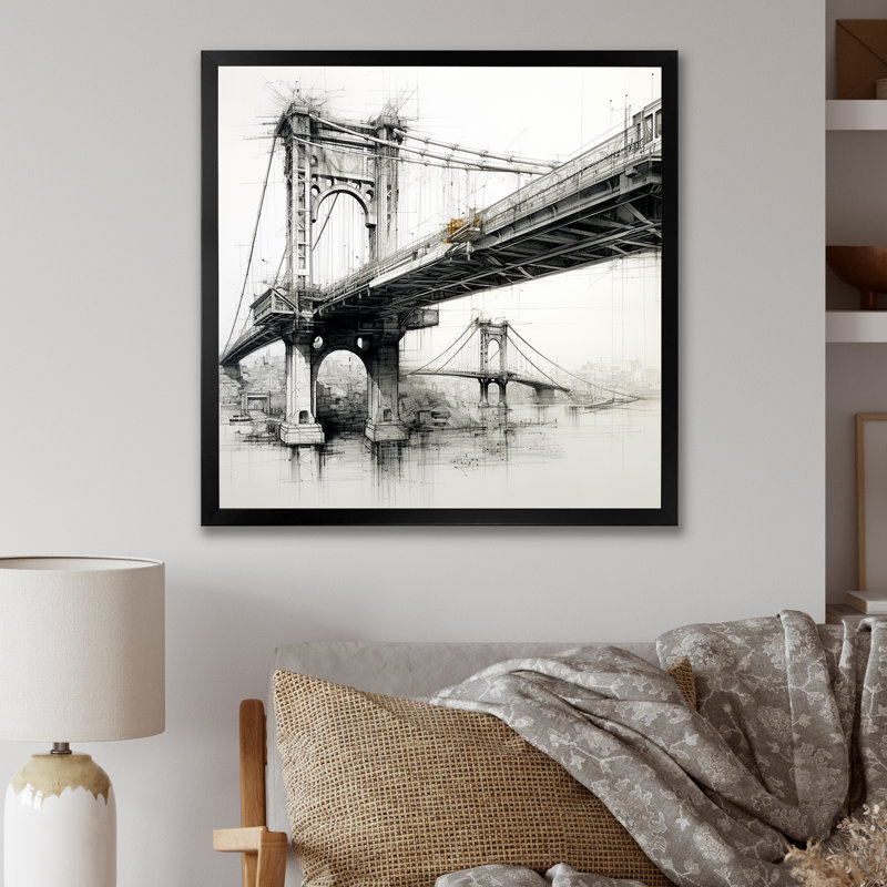 Dessin d'analyse d'un pont sur toile, Cadre simple noir, H 16 po x l 16 po x P 1 po
