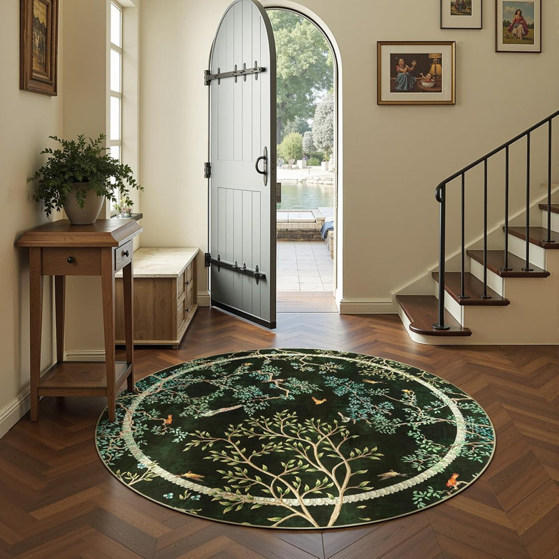 Floral Rug Botanical Birds Print Nature Plants Washable Non-slip, Moss Green, Round 5'
