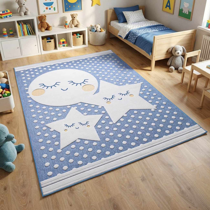 Tapis pour enfant Caddy - lune, étoile, pois - gris, bleu, Rectangle 5'3" x 7'3"