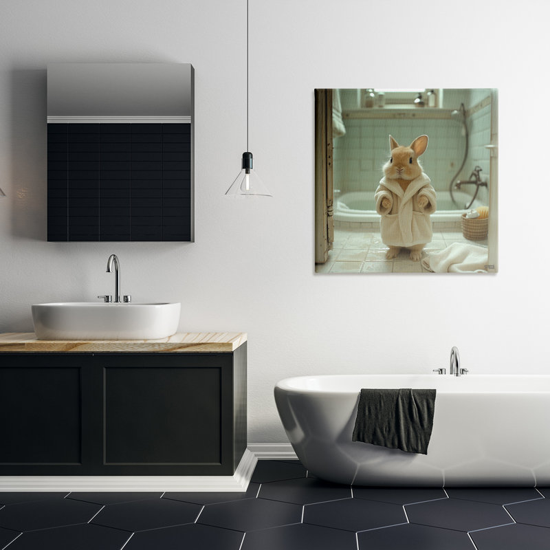"Lapin en peignoir" par RB sur toile, H 30 po x l 30 po