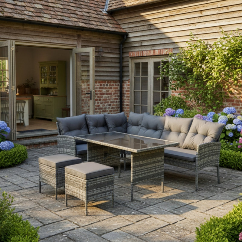 6 - Person Wicker Patio Dining Set with Rectangular Table, Grey Cushion/Grey Frame