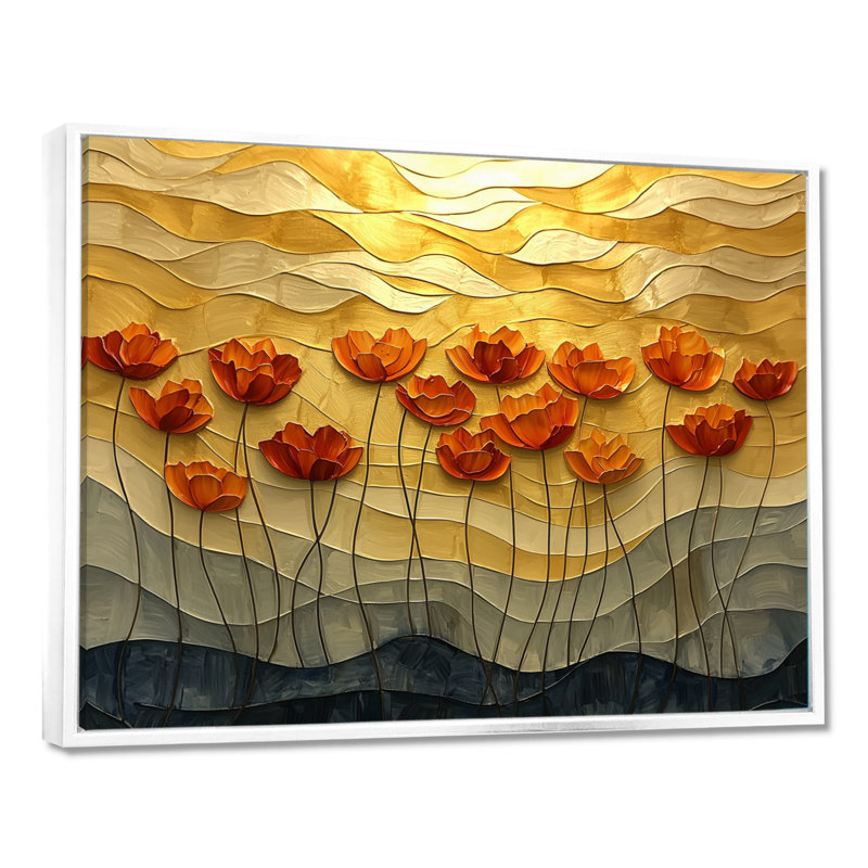Coucher de soleil sur les vagues du champ de coquelicots I - coquelicots, art mural, H 12 po x l 20 po, Cadre flottant blanc