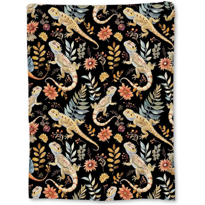 Bearded Dragon Blanket Gifts, Watercolor Lizard Floral Flannel Throw Blanket for Couch, Bed, Travel & Home Decor, Cozy Lightweight Fuzzy Warm Blankets for Women Reptile Lovers 60×80 in