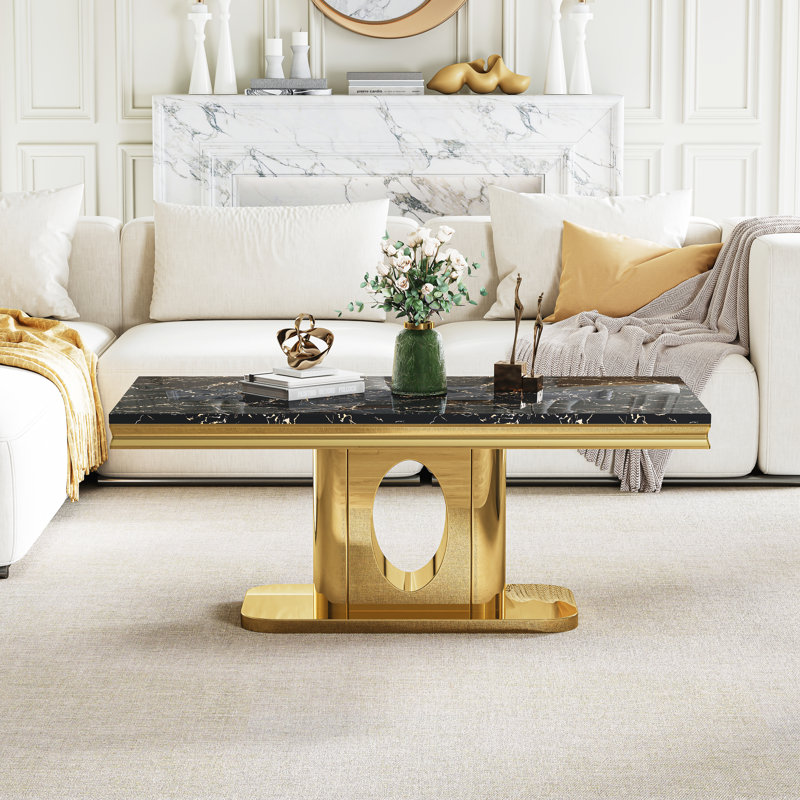 Modern Marble Coffee Table, 46.85" Rectangular Faux Marble, Luxury Mirrored Round Hollow Stainless Steel Base, Cocktail Table, Center Table