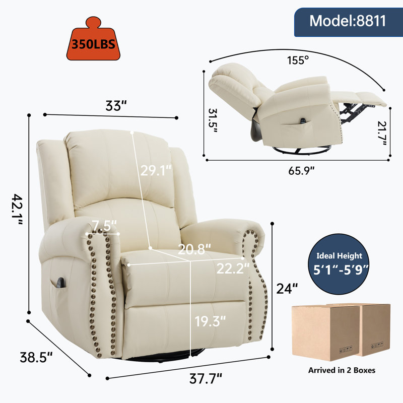 Heat Massage Manual Recliner Chair With Rocker And Swivel In Fabric For Living Room, Beige