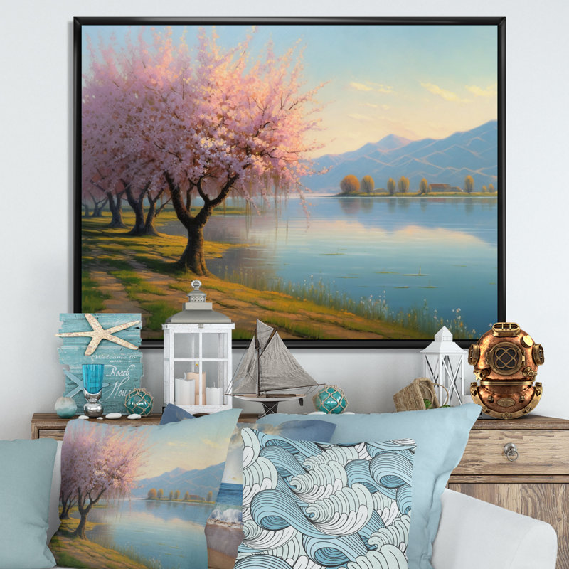«Rous Cherry Blossom Trees» au bord de l'eau II - reproduction, H 12 po x l 20 po x P 1 po, Cadre flottant noir