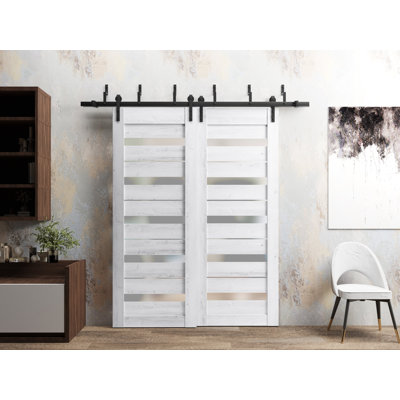 Sliding Closet Barn Bypass Doors | Quadro 4445 Cognac Oak With Frosted Glass | Sturdy 6.6Ft Rails Hardware Set