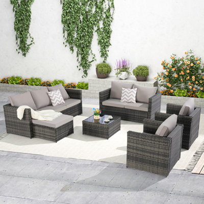 Ensemble de meubles de patio 6 pièces, ensemble de conversation pour canapé d'extérieur en rotin et osier avec table en verre, coussins et coussins pour le jardin et la cour