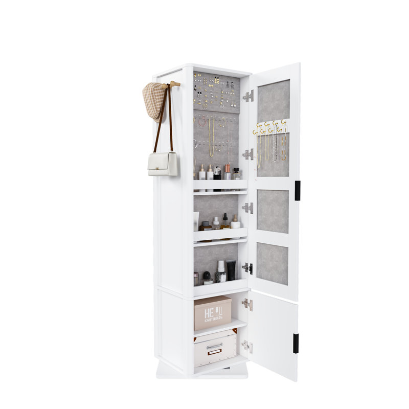 Armoire à bijoux rotative à 360 ° avec miroir pleine grandeur et portemanteau - armoire de maquillage blanche avec rangement caché