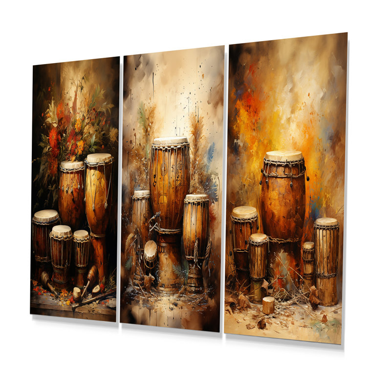 Ensemble de 3 art mural en métal «Djembe Journey Earthy Umber», H 28 po x l 36 po