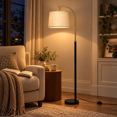 Lampe sur pied noire à bras déporté de 160 cm avec abat-jour réglable, finition laiton et ampoule DEL tricolore