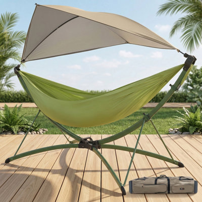 Hamac portable d'extérieur avec support pliable, comprenant un parasol réglable et un sac de rangement - Fonctionne comme un fauteuil hamac pour adulte / enfant, construction robuste, convient pour le camping, les jardins, les hôtels et les plages