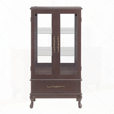Curio Cabinet Lighted Glass Cabinet Glass Wine Cabinet Curio Display Cabinet with Adjustable Glass Shelves 2 Doors and 1 drawer Cabinet Sideboard With Bulb Included Dark Cherry