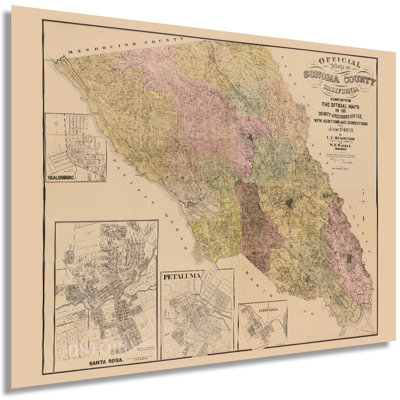 HISTORIX Vintage 1900 carte de Sonoma - 24 X 30 pouces carte du comté de Sonoma en Californie - art mural du vieux comté de Sonoma - carte du comté de Sonoma avec des inserts de Santa Rosa Petaluma Cloverdale (2 tailles)