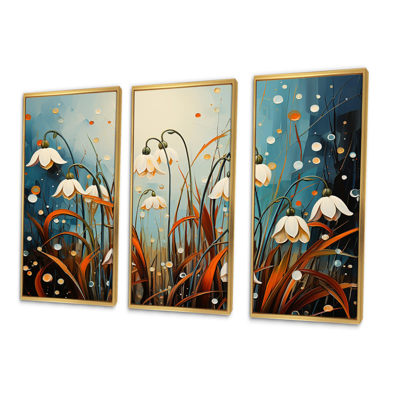 «Mountain Snowdrops Charm In Winter I», ensemble d'art mural sur toile, Cadre flottant doré, H 40 po x l 60 po x P 1 po