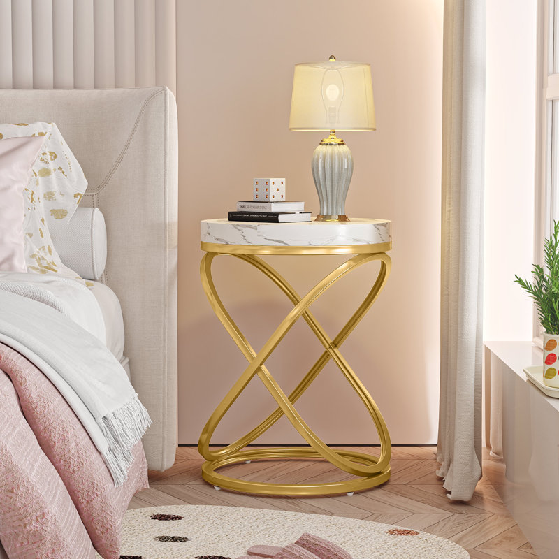 26'' White and Gold Faux Marble Top Round End Table