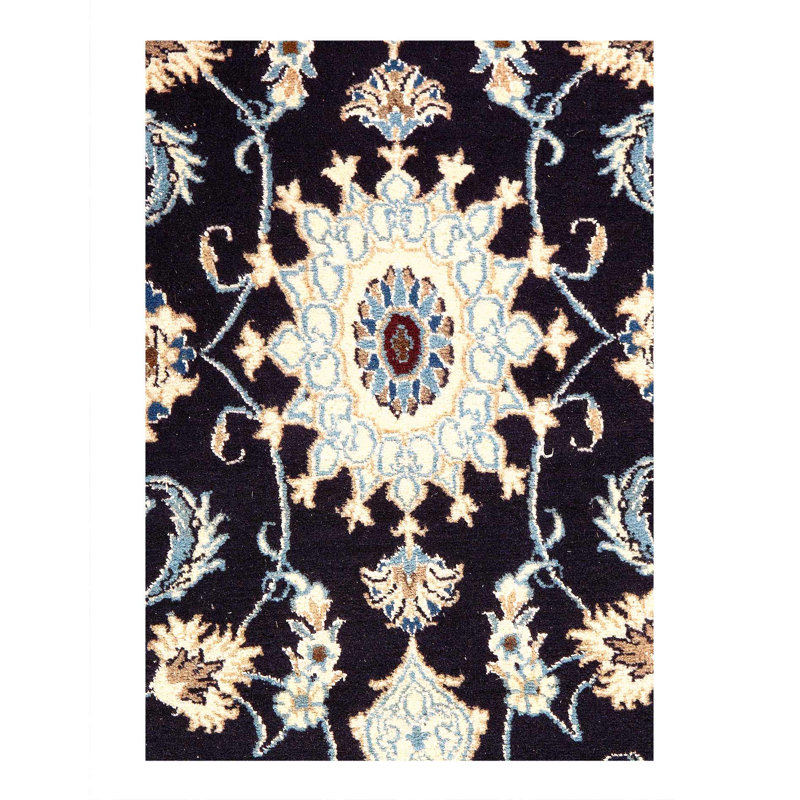 Tapis bleu marine / beige / gris à motif oriental en coton / laine Raunel