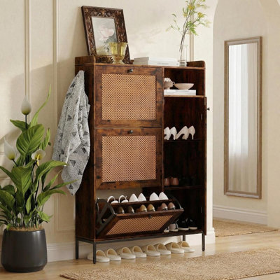 Rattan Wooden Shoe Cabinet with 3 Flip Drawers & Adjustable Shelves, Slim Entryway Organizer with Metal Knobs, Boho Style