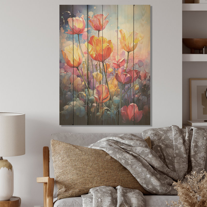 Multicolore tulipes célestes la nuit I - tulipes, art mural sur bois de pin naturel, H 20 po x l 10 po