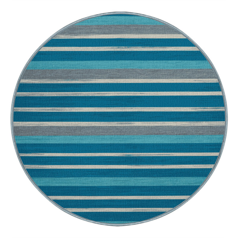 Washable Cerulean Light Gray Striped Area Rug, Round 4'