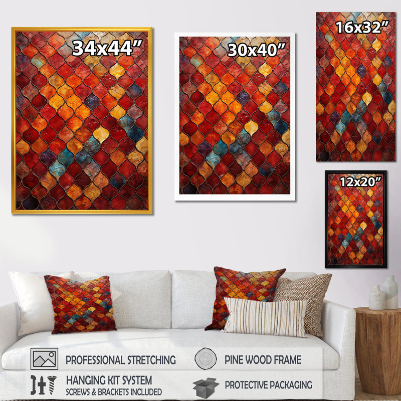 Carreaux marocains élégants orange et jaunes 2 - art mural abstrait, Cadre photo noir, H 44 po x l 34 po x P 1,5 po