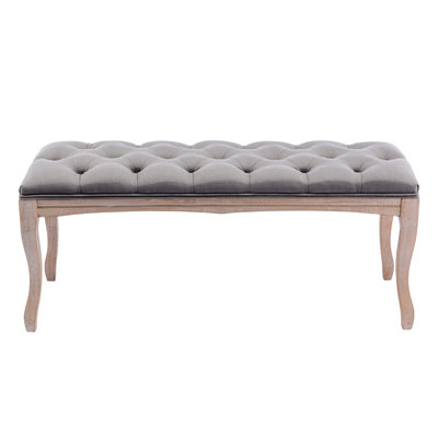 Linvella 43.3" French Country Linen Upholstered Bench with Carved Wood Legs