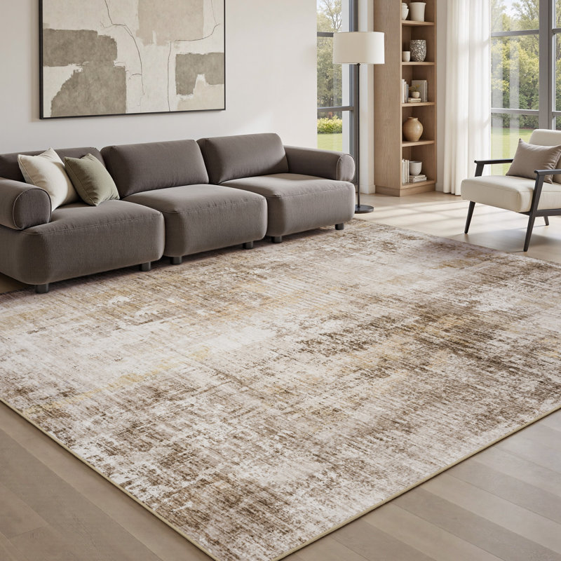 Tapis moderne délavé et délavé à la machine de couleur terre pour le salon ou la chambre à coucher, Rectangle 9 pi x 12 pi