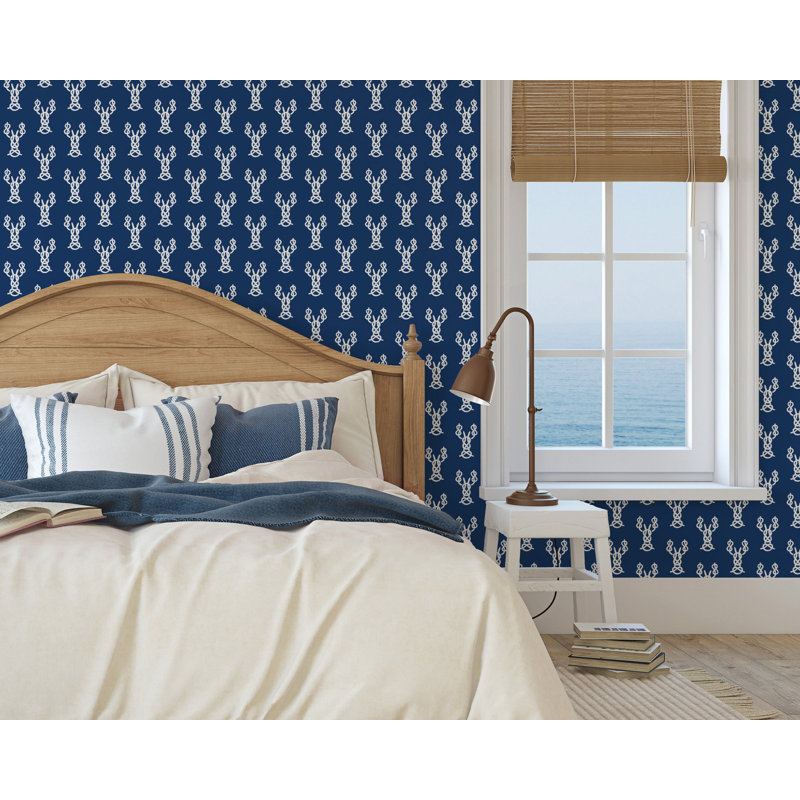 Nautical Lobster Knots 10' L x 24" W Wallpaper Roll, Navy, Faux Grasscloth, Non-pasted