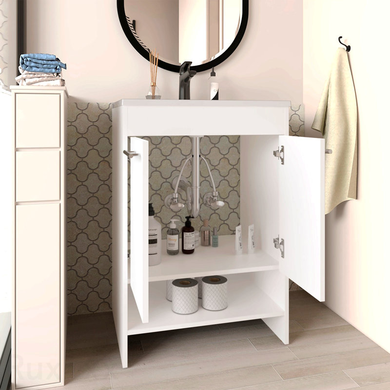 Floor Vanity With Four Drawers And Two Open Shelves, White