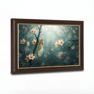 Art mural antique sur toile encadré doré pour le salon, la chambre à coucher, le bureau ou le vestibule - Décoration murale décorative avec fleur de cigale