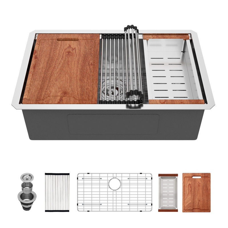 Évier de cuisine encastré 30 po x 19 po à cuve simple en acier inoxydable avec accessoires