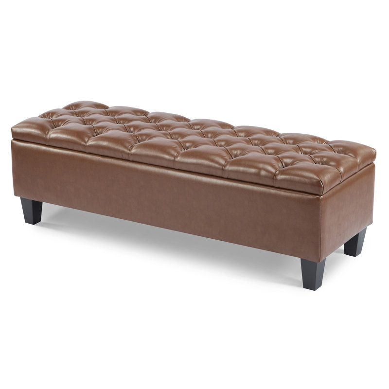 Banc repose-pieds avec rangement, surface en polyuréthane brun, pieds en bois d'hévéa, capacité de 300 lb