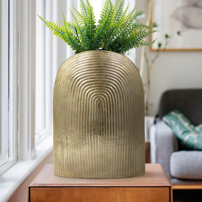Modern Metal Aluminum Decorative Vase with Sleek Curved Textured Design and Sculptural Contemporary Minimalist Styling for Accent Table or Shelf Display in Living Room or Entryway Decor Piece