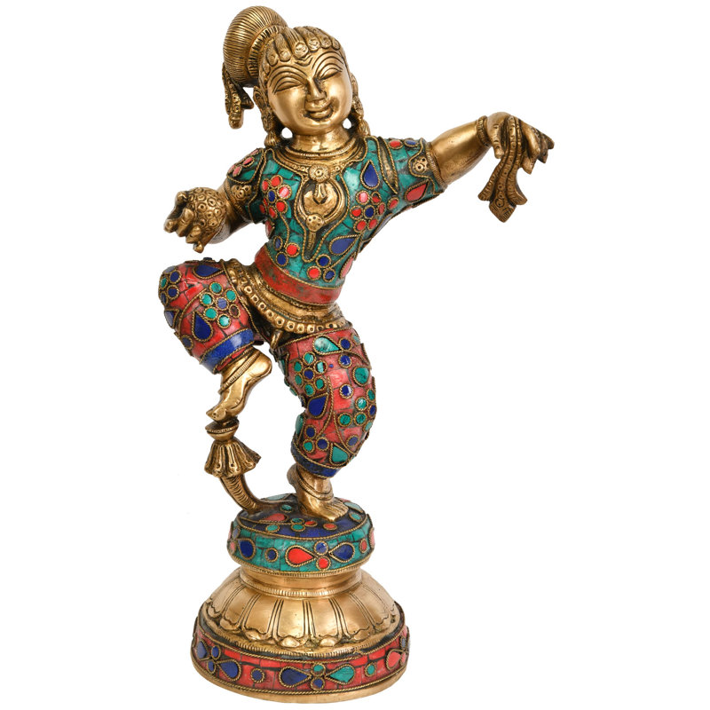 Brass Baby Krishna Dancing Statue, 11 in. with Gemstone Inlay | Hindu Religious Figurine for Home Altar & Meditation Room