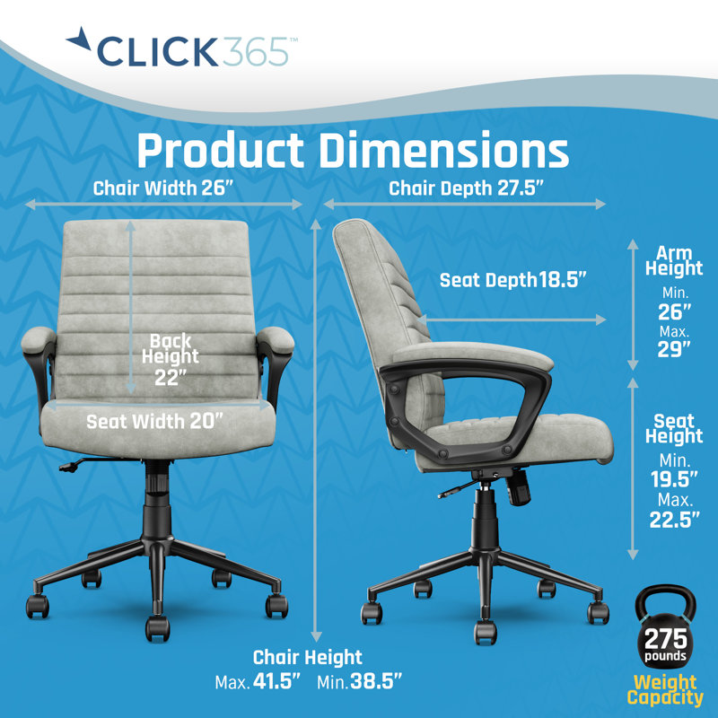 Chaise de bureau ergonomique à dossier moyen avec coutures matelassées et clic-clac Click325 Transform, Velours, Gris clair