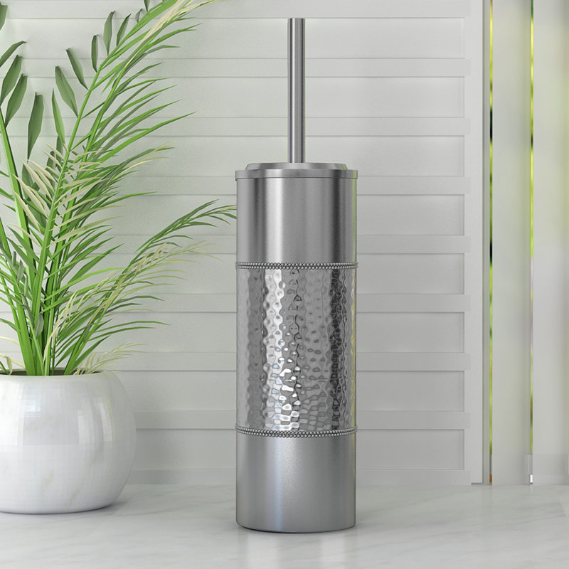Slim Hammered Stainless Steel Toilet Brush Holder with Long Handle